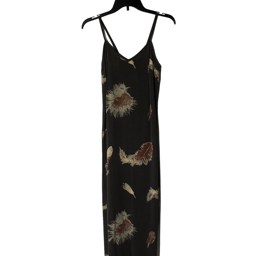Francesca Caretti Brown Feather Print Spaghetti Strap Maxi Dress